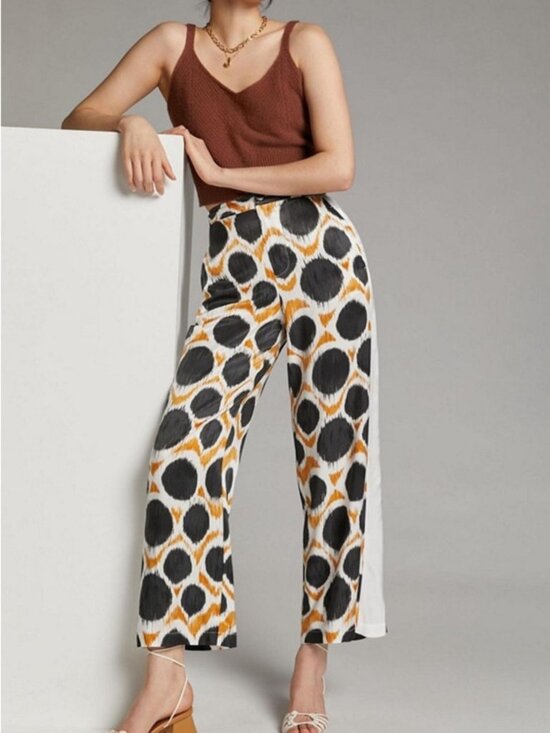 Maeve Pants - Maeve White Wide-Leg Pants with Black and Gold Circle Print